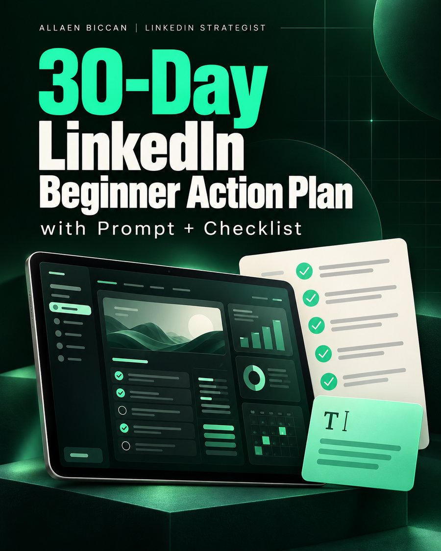 Cover of the 30-Day LinkedIn Beginner Action Plan with Prompt + Checklist by Allaen Biccan